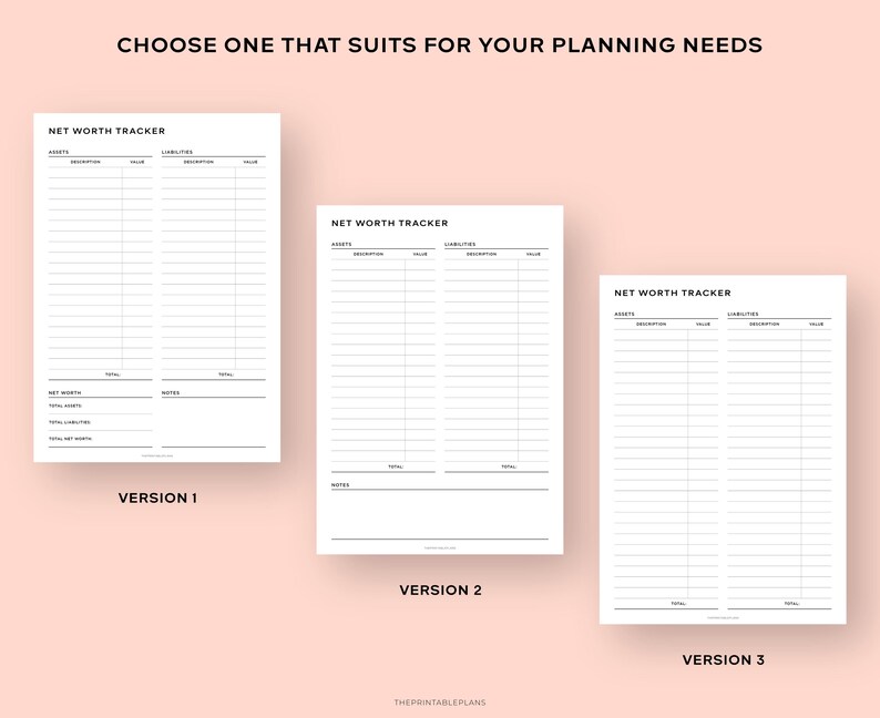 May include: Three different versions of a printable net worth tracker. Each version has columns for assets, liabilities, and notes. The text "Choose one that suits for your planning needs" is at the top of the image.