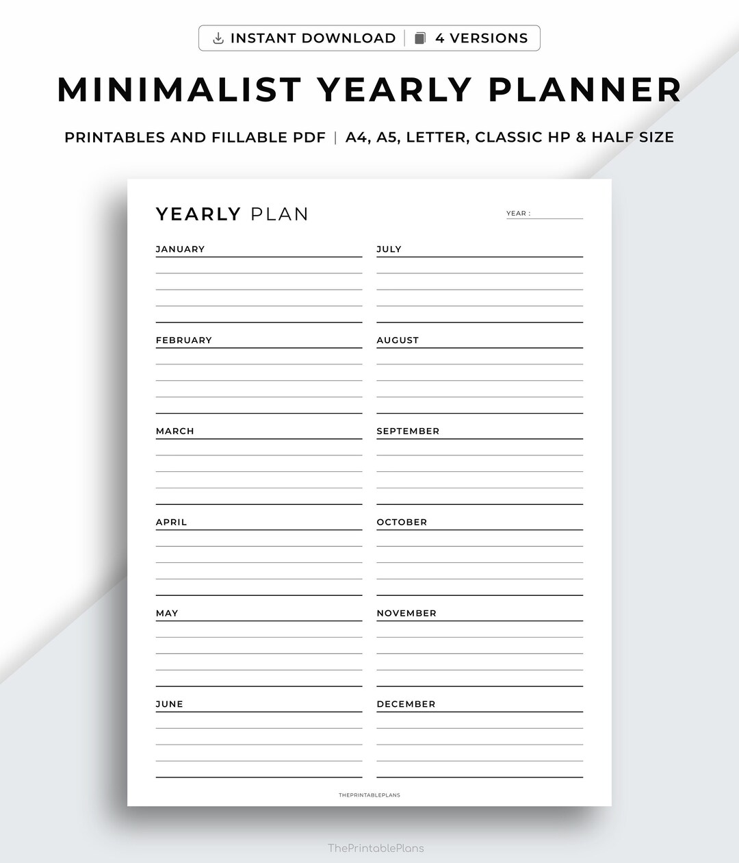 Minimalist Yearly Planner Year at a Glance Annual Overview Task Planner A4/a5/letter/classic Hp ...