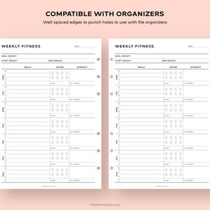 May include: Printable weekly fitness planner with sections for meals, water intake, and workout tracking. The planner has space for daily entries and includes goal weight and start weight sections. The planner is compatible with organizers.