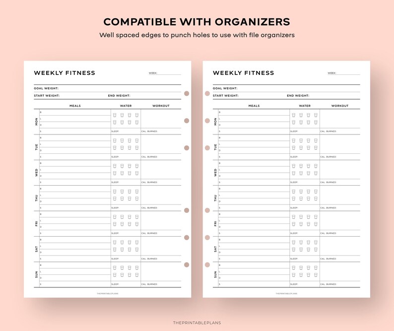 May include: Printable weekly fitness planner with sections for meals, water intake, and workout tracking. The planner has space for daily entries and includes goal weight and start weight sections. The planner is compatible with organizers.