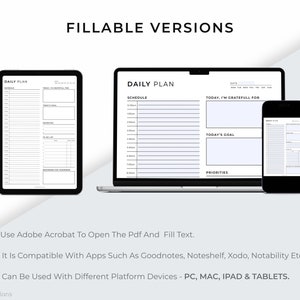 May include: A digital illustration of three devices displaying a daily planner template. The devices are a tablet, a laptop, and a smartphone. The planner template includes sections for scheduling, gratitude, goals, and priorities.