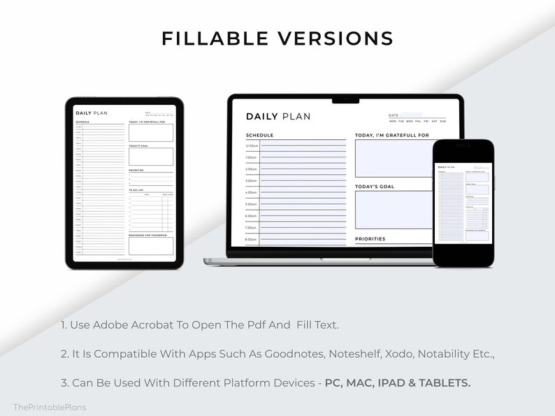 May include: A digital illustration of three devices displaying a daily planner template. The devices are a tablet, a laptop, and a smartphone. The planner template includes sections for scheduling, gratitude, goals, and priorities.