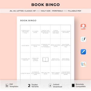 Plantilla imprimible de bingo de libros, hojas de bingo de lectura, desafío de lectura, página de diario imprimible, juego de lectura, tamaño A4/A5/Carta/Clásico/Media página