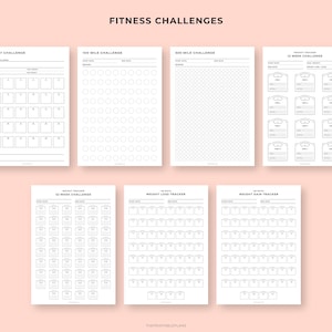 May include: A collection of printable fitness challenge trackers, including a 30-day challenge, 100-mile challenge, and weight loss trackers. The trackers are in black and white, with space to record progress. The text "FITNESS CHALLENGES" is at the top.