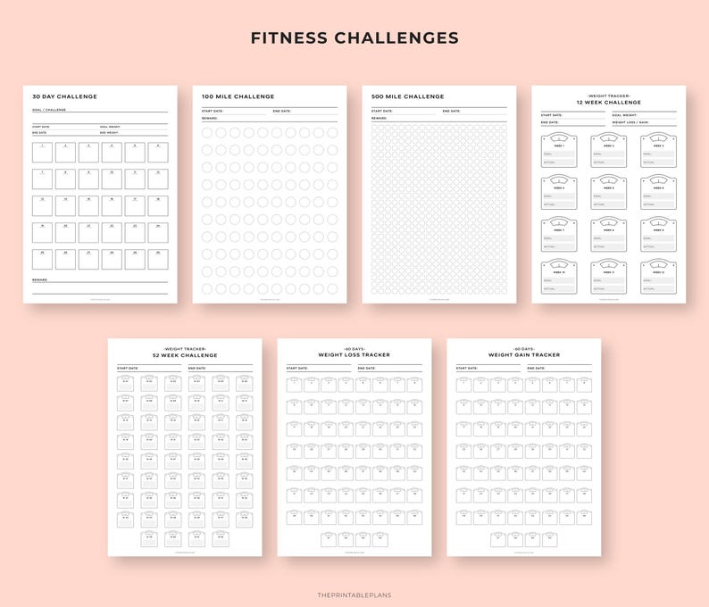 May include: A collection of printable fitness challenge trackers, including a 30-day challenge, 100-mile challenge, and weight loss trackers. The trackers are in black and white, with space to record progress. The text "FITNESS CHALLENGES" is at the top.