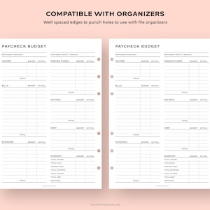 May include: Printable budget planner with sections for income, bills, savings, debt, and expenses. The planner is designed to be compatible with organizers and has holes punched along the side.
