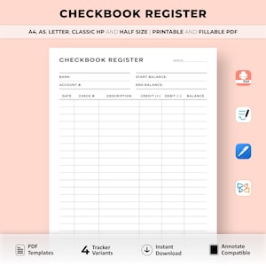 Registro de chequera imprimible, Seguimiento de transacciones de cheques, Planificador de chequera, Plantilla de chequera, Registro de chequera, A4/A5/Carta/Clásico/Media