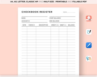 Checkbook Register Printable, Check Transaction Tracker, Checkbook Planner, Checkbook template, Checkbook Log, A4/A5/Letter/Classic/Half