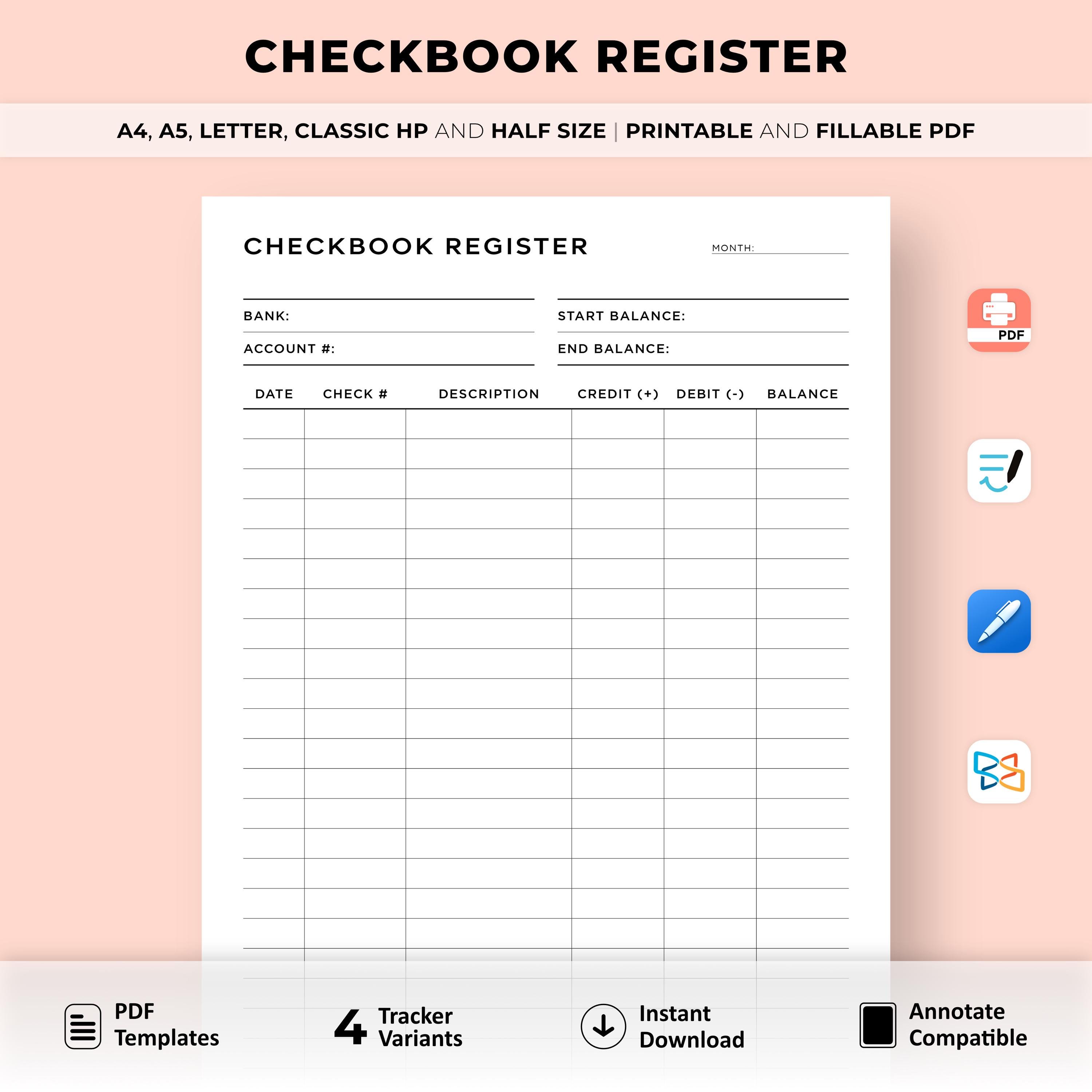 Checkbook Register Printable, Check Transaction Tracker, Checkbook ...