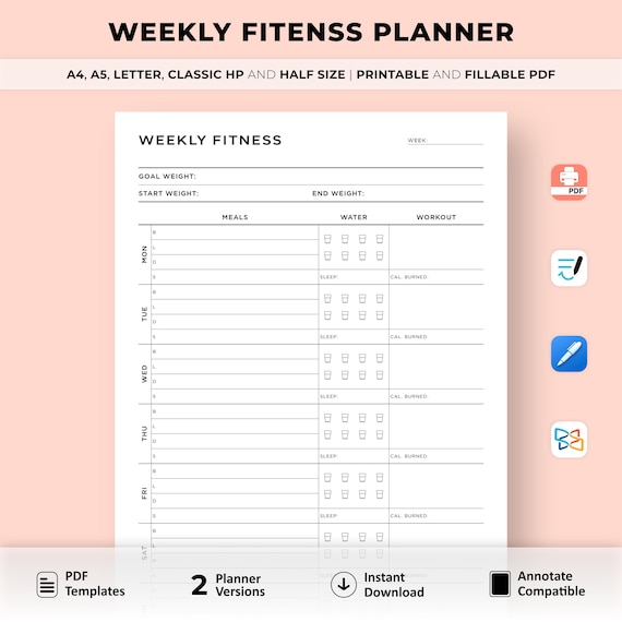 Weekly Fitness Planner Printable, Meal Planner, Diet Planner, Workout Tracker, Calorie Tracker, Health Planner, A4/A5/Letter/Classic/Half
