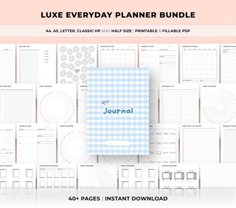 Puede incluir: Un paquete de planificador digital con p&aacute;ginas imprimibles para planificar y hacer un seguimiento. La portada del diario es azul claro con un patr&oacute;n de cuadros y la palabra "Journal". El texto en la parte superior dice "LUXE EVERYDAY PLANNER BUNDLE".