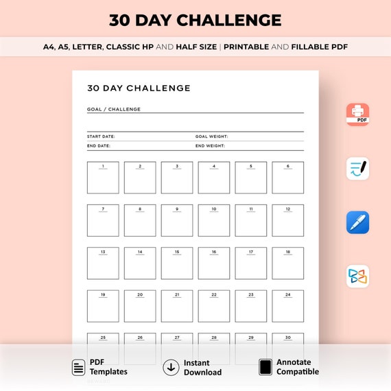 30 Day Challenge Tracker, 30 Day Habit Tracker Printable, Weight Loss Journal, Fitness Planner, Health, Wellness, A4/A5/Letter/Classic/Half