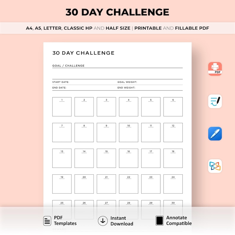 Puede incluir: Un rastreador de desaf&iacute;os de 30 d&iacute;as imprimible con un dise&ntilde;o en blanco y negro. El rastreador tiene 30 casillas para cada d&iacute;a del mes, con espacio para escribir un objetivo, una fecha de inicio, una fecha de finalizaci&oacute;n y un peso objetivo.