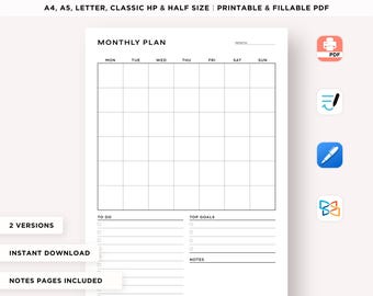 Monthly Planner Printable, Undated Monthly Organizer, Goal Planner, Monthly At a Glance, Monthly Agenda, A4/A5/Letter/Classic/Half size