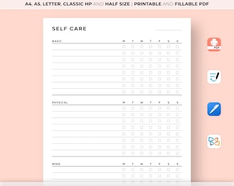 Self Care Checklist, Self Care Planner, Selfcare Journal Tracker, Wellness Planner Printable, Routine Planner, A4/A5/Letter/Classic/Half