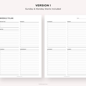 Pu&ograve; includere: Un planner settimanale stampabile con un design in bianco e nero. Il planner include sezioni per le priorit&agrave;, gli appunti e le attivit&agrave; quotidiane dal luned&igrave; alla domenica. Il testo "VERSION 1" e "Sunday & Monday Starts Included" &egrave; in cima alla pagina.