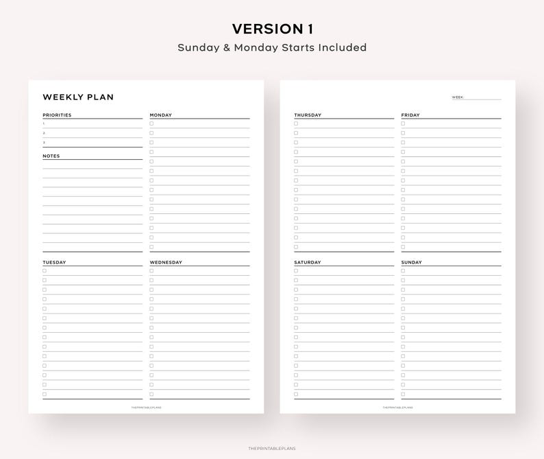 Pu&ograve; includere: Un planner settimanale stampabile con un design in bianco e nero. Il planner include sezioni per le priorit&agrave;, gli appunti e le attivit&agrave; quotidiane dal luned&igrave; alla domenica. Il testo "VERSION 1" e "Sunday & Monday Starts Included" &egrave; in cima alla pagina.