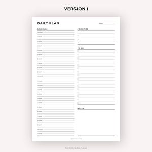 May include: A black and white daily planner with sections for schedule, priorities, to do, and notes. The planner has a simple design and is perfect for organizing your day.