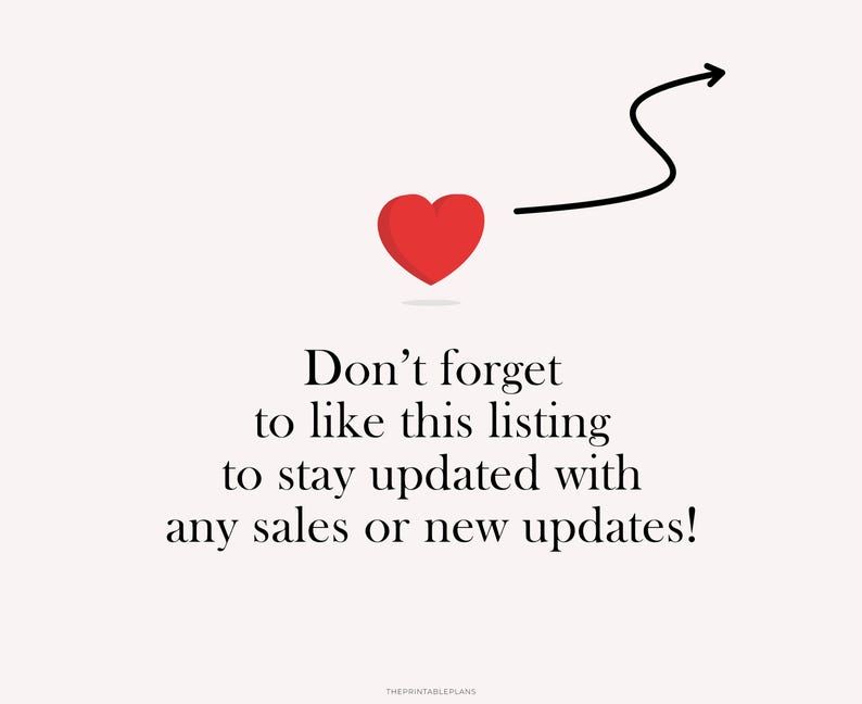 May include: A red heart with an arrow pointing to the right. Text reads: "Don't forget to like this listing to stay updated with any sales or new updates!"