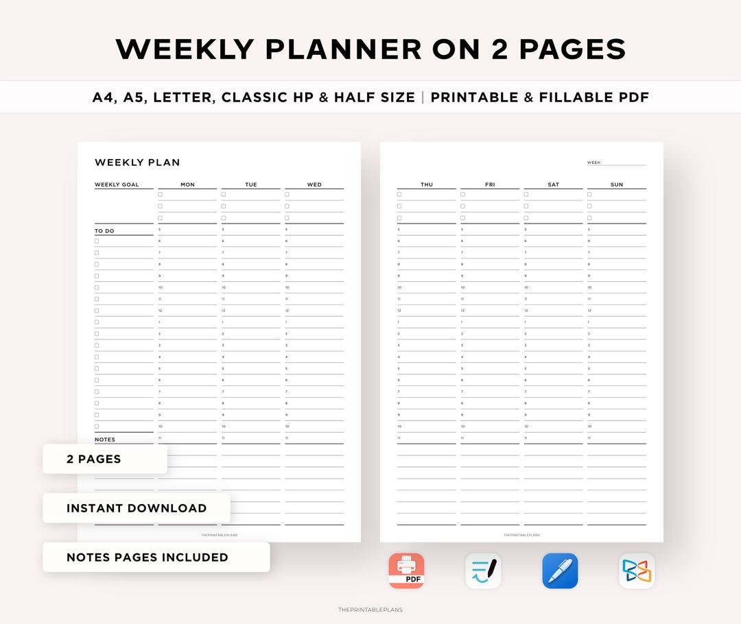 Weekly Planner on Two Pages, Weekly Goal Planner Printable, Week at a ...