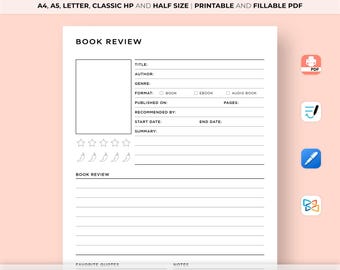Buchbesprechung Vorlage zum Ausdrucken, Lesebesprechung Seite, Lesebesprechung Blatt, Digital druckbare Buchbesprechung PDF, Buchbesprechung Journal, A5 Einlage