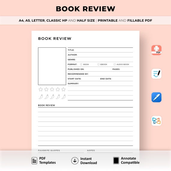 Book review template printable, Reading Review page, Reading review sheet, Digital Printable Book Review PDF, Book review journal, A5 Insert