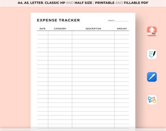 Expense Tracker, Spending Tracker, Expense Log, Purchase Log, Budget Template, A4/A5/Letter/Classic HP/Half Size, Printable & Fillable PDF