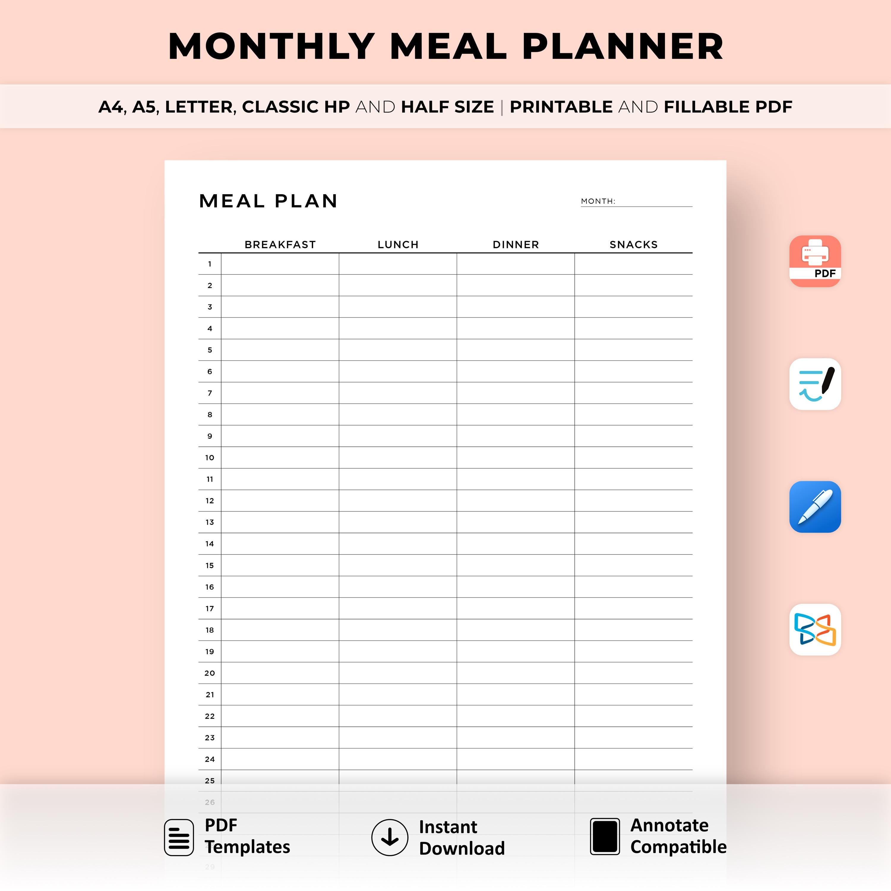 Simple Monthly Meal Planner Printable, 30 Day Menu Planner, Food Planner, Diet, Health & Fitness, A4/A5/Letter/Half Size, Instant Download