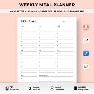 Weekly Meal Planner Printable, Grocery List, Food Diary, Meal Tracker, Food Journal, 7 Day Menu Plan, Diet Plan, Fitness & Health, A5 Insert