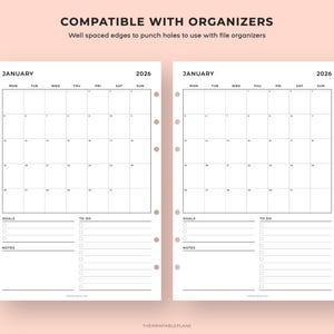May include: Two-page spread of a 2026 January calendar with a minimalist design. Each page features a month grid, with space for goals, to-do lists, and notes. The text "COMPATIBLE WITH ORGANIZERS" is at the top.