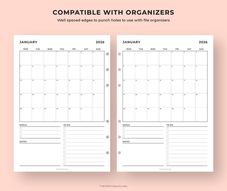 May include: Two-page spread of a 2026 January calendar with a minimalist design. Each page features a month grid, with space for goals, to-do lists, and notes. The text "COMPATIBLE WITH ORGANIZERS" is at the top.