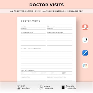 Puede incluir: Plantilla de registro de visita al médico imprimible en blanco y negro. La plantilla incluye secciones para el nombre del médico, el hospital, la fecha y la hora, el motivo de la visita, las preguntas y los síntomas, los comentarios del médico, las medidas vitales, la receta y las instrucciones de la receta.