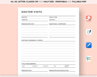 Doctor Visits Tracker Printable, Doctor Appointments Planner Sheet, Hospital Visit Log, Medical Tracker PDF, Health Care Planner, A5 Insert