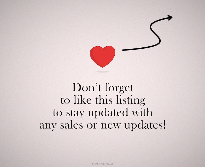 May include: A red heart graphic with a curved arrow pointing right, accompanied by the text "Don't forget to like this listing to stay updated with any sales or new updates!" on a light pink background.