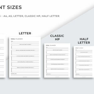 Puede incluir: Una comparaci&oacute;n de cinco tama&ntilde;os diferentes de plantillas de planificador de objetivos imprimibles. Los tama&ntilde;os son A4, Letter, Classic HP, Half Letter y A5. Cada plantilla tiene las palabras "Goal Planner" en la parte superior.