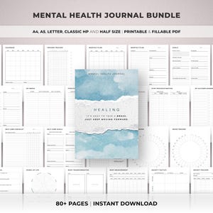 May include: A mental health journal bundle with printable and fillable PDF pages. The cover features a watercolor design with the word "Healing" and the text "It's okay to take a break. Just keep moving forward." Includes 80+ pages.