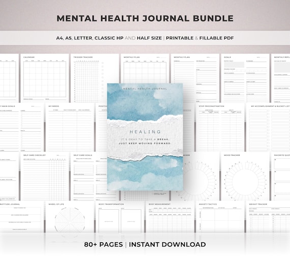 Mental Health Journal Bundle Printable, Mindfulness & Wellness Binder, Goal Planner, Therapy Worksheet, Anxiety management, Selfcare Tracker