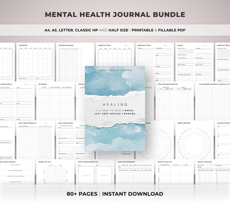 May include: A mental health journal bundle with printable and fillable PDF pages. The cover features a watercolor design with the word "Healing" and the text "It's okay to take a break. Just keep moving forward." Includes 80+ pages.