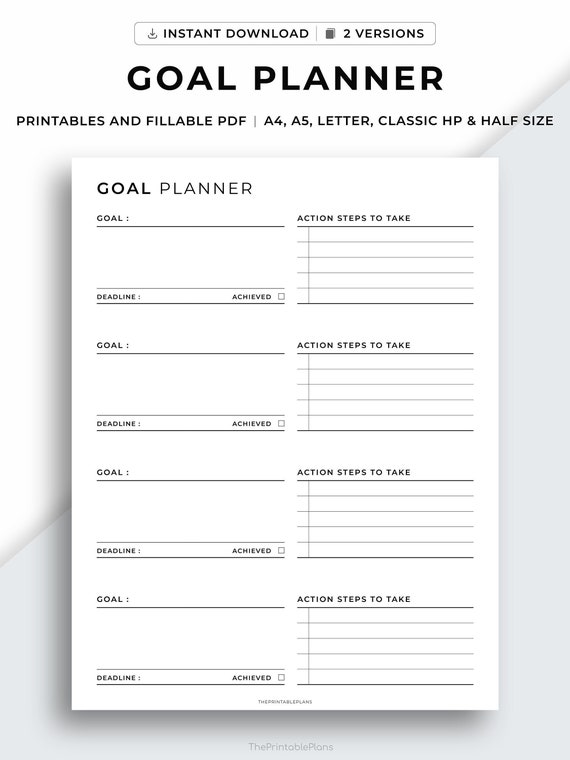 Goal Planner Printable, Goal Setting Planner, Goal Progress, Productivity Planner, Minimalist Planner, A4/A5/Letter/Classic HP/Half Size