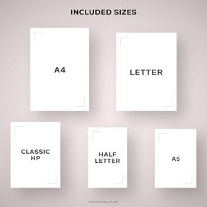 May include: A collection of white paper sheets in various sizes, including A4, Letter, Classic HP, Half Letter, and A5, are displayed against a soft, neutral background. The text "INCLUDED SIZES" is at the top, and "THEPRINTABLEPLANS" is at the bottom.