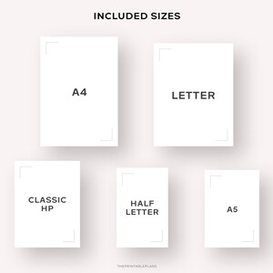 Pu&ograve; includere: Una grafica che mostra i diversi formati di pagine di planner stampabili disponibili: A4, Letter, Classic HP, Half Letter e A5.