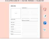 Recipe Book Template Printable, Blank Recipe Page, Cook Book Journal, Recipe Card, Recipe Planner, A4/A5/HP/Letter/Half, Instant Download