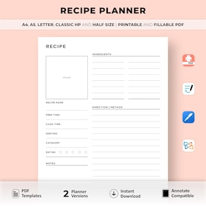 Plantilla de libro de recetas imprimible, página de recetas en blanco, diario de libro de cocina, tarjeta de recetas, planificador de recetas, A4/A5/HP/carta/mitad, descarga instantánea