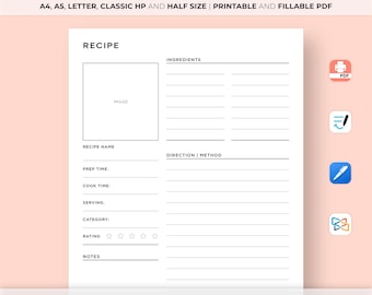 Recipe Book Template Printable, Blank Recipe Page, Cook Book Journal, Recipe Card, Recipe Planner, A4/A5/HP/Letter/Half, Instant Download