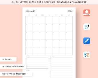 2026 Monthly Goal Planner Printable, 2026 Calendar, Month at a Glance, Monthly Organizer, Productivity Planner, A4/A5/Letter/Classic/Half