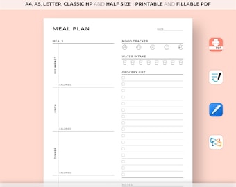 Meal Planner Printable, Daily Meal Planner, Food Diary, Food Journal, Diet Planner, Grocery List, Calorie Tracker, Health Planner, A5 insert
