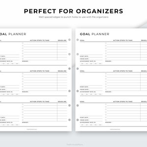 May include: Two-page spread of goal planner sheets with a white background and black text. Each page has sections for goals, action steps, and deadlines. The text "PERFECT FOR ORGANIZERS" is at the top.