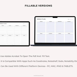 May include: Two images of a weekly planner template. The first image shows a tablet displaying the planner, and the second image shows a laptop displaying the planner. The planner is divided into seven columns for each day of the week, with a notes column on the right. The planner is black and white with a simple design.