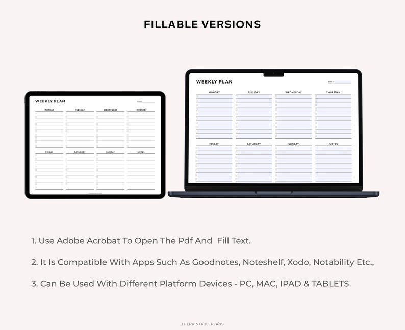 May include: Two images of a weekly planner template. The first image shows a tablet displaying the planner, and the second image shows a laptop displaying the planner. The planner is divided into seven columns for each day of the week, with a notes column on the right. The planner is black and white with a simple design.