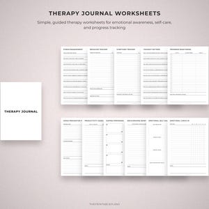 May include: A white therapy journal with the text "THERAPY JOURNAL" is displayed next to several open worksheets. The worksheets include sections for stress management, behavior tracking, and emotional self-assessment. The text "THERAPY JOURNAL WORKSHEETS" is at the top.